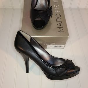 Marc Fisher Manilla Black Leather Open Toe Platform Heels with Bow size 10